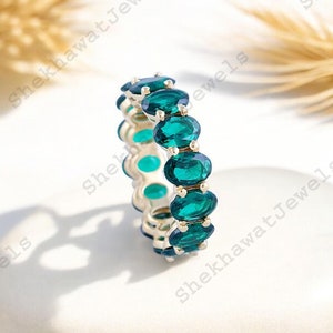 Ecstatic Emerald Full Eternity Band 14K Solid Yellow Gold Stacking Band Promise Ring May Birthstone Wedding Band Bridal Anniversary Band
