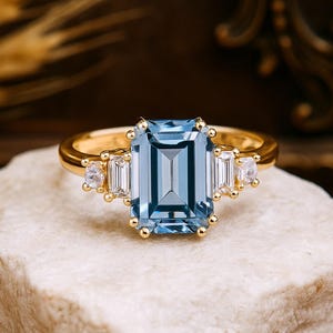 Vintage Emerald Cut Aquamarine Ring, Aquamarine Engagement Ring, Aquamarine Diamond Ring, Unique Prong Set Ring, March Birthstone Gifts
