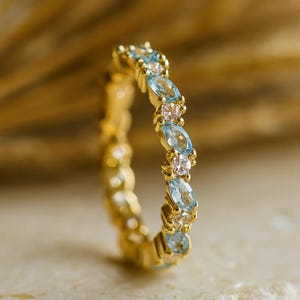 Aquamarine Diamond Wedding Band, 18K Yellow Gold Band, March Birthstone Gifts, Personalized Custom Anniversary Ring, Full Eternity Gold Band
