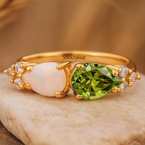 Teardrop Fire Opal Peridot Ring Unique Stacking Promise Ring 14K Solid Gold Engagement Ring October Birthstone Jewelry Proposal Gift For Her