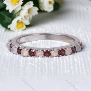 Opal Garnet Half Eternity Band 925 Sterling Silver Wedding Band Opal Engagement Ring Stackable Matching Anniversary Gift Promise Band