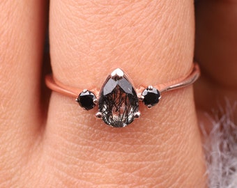 Pear Black Rutile Engagement Ring, Dainty 18K Rose Gold Jewelry, Natural Onyx Delicate Bridal Ring, Anniversary Gift For Wife, Promise Ring