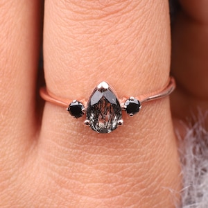 Pear Black Rutile Engagement Ring, Dainty 18K Rose Gold Jewelry, Natural Onyx Delicate Bridal Ring, Anniversary Gift For Wife, Promise Ring