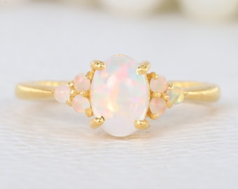 Oval Shape White Opal Ring 10K Solid Gold Engagement Ring Opal Cluster Bridal Ring October Birthstone Gold Jewelry Anniversary Gift For Wife