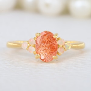 Oval Shaped Natural Orange Sunstone Ring Yellow GoldPlated Statement Ring Opal Engagement Ring Fine Silver Jewelry Anniversary Gift For Wife