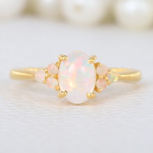 Oval Shape White Opal Ring 10K Solid Gold Engagement Ring Opal Cluster Bridal Ring October Birthstone Gold Jewelry Anniversary Gift For Wife
