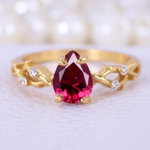 Elegant Pear Ruby Engagement Ring 18K Yellow Gold Diamond Crossover Ring Delicate Art Deco Bridal Promise Ring Handmade Jewelry Gift For Her