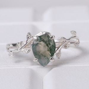 Moss Agate Ring Engagement Ring Leaf Ring Vintage & Delicate Ring Pear Shaped 925 Sterling Silver Engagement Branch Ring Personalized Ring