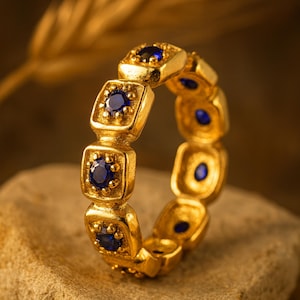 Vintage Sapphire Wedding Band Unique Art Deco Gold Band 18K Yellow Gold Jewelry Antique Handmade Rings September Birthstone Statement Rings