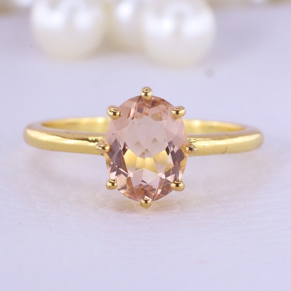 Oval Morganite Engagement Ring Solitaire Gemstone Bridal Gift 14K Yellow Gold Ring Anniversary Ring For Wife Peach Color Minimalist Gemstone