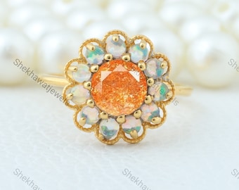 Vintage Sunstone Opal Ring- 14K Yellow Gold Round Orange Unique Gemstone Engagement Rings For Women- Opal Halo Promise Ring Gift For Her