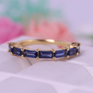 Baguette Cut Sapphire Band Solid Yellow Gold Plated Jewelry September Birthstone Gifts Anniversary Gift For Wife Blue Gemstone Presents