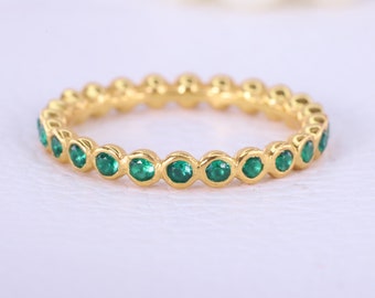 Alliance émeraude point de l&#39;éternité, bague nuptiale en or massif 18 carats, lunette empilable, pierres précieuses vertes pour femme, bijoux, cadeau promis pour elle