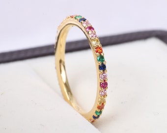 Rainbow Gemstone Eternity Band, Multi Gemstone Ring, 14k Gold Rainbow Wedding Ring, Precious Stone Ring, Personalized Custom Birthday Gifts