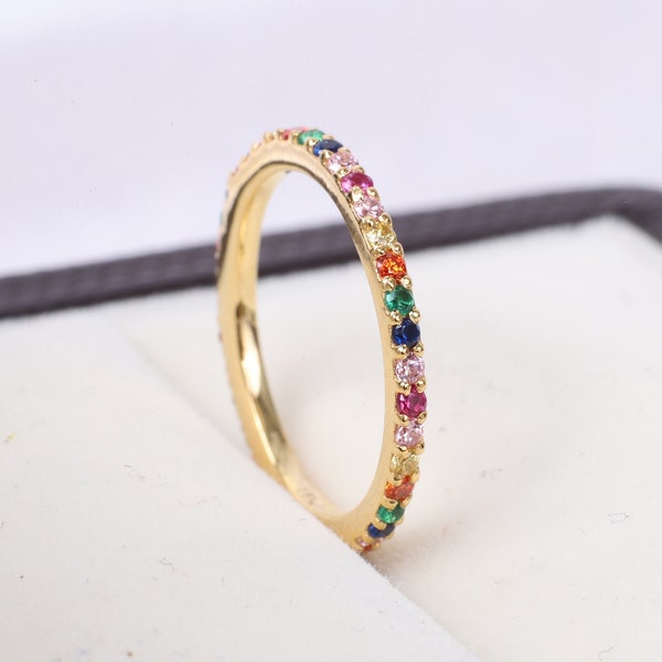 Rainbow Gemstone Eternity Band, Multi Gemstone Ring, 14k Gold Rainbow Wedding Ring, Precious Stone Ring, Personalized Custom Birthday Gifts