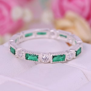 Baguette Emerald Diamond Band 925 Sterling Silver Wedding Band Green Gemstone Jewelry Full Eternity Stackable Band Birthday Present For Her