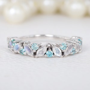 Delicate Moonstone Aquamarine Wedding Band, 18K Solid White Gold Bridal Jewelry, March Birthstone Matching Band Personalized Gift For Girls