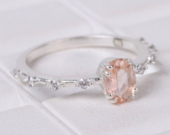 Dainty Morganite Diamond Ring, 925 Sterling Silver Ring, Engagement Promise Ring, Pink Gemstone Jewelry, Anniversary Birthday Gift For Her