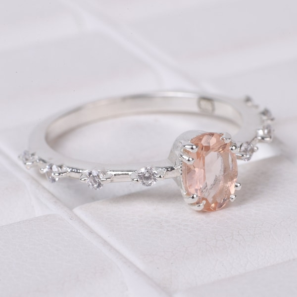 Dainty Morganite Diamond Ring, 925 Sterling Silver Ring, Engagement Promise Ring, Pink Gemstone Jewelry, Anniversary Birthday Gift For Her
