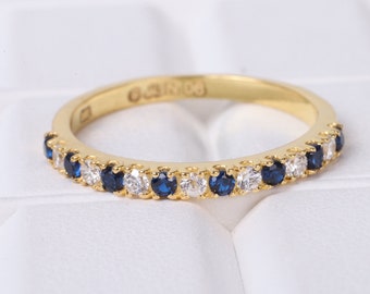 Dainty Blue Sapphire Wedding Band 14K Yellow Gold Band September Birthstone Half Eternity Jewelry Blue Gemstone Diamond Anniversary Bands