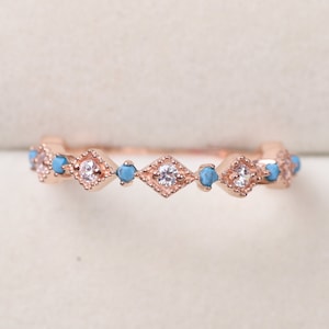 Thin Blue Turquoise Diamond Band, Rose Gold Plated Alternative Statement Band, Bridal Jewelry, Half Eternity Promise Band, Personalized Gift