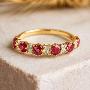 Ruby Wedding Band, 14K Solid Gold Ruby Engagement Ring, Half Eternity Diamond Wedding Band, Anniversary Ring, Customized christmas Gift