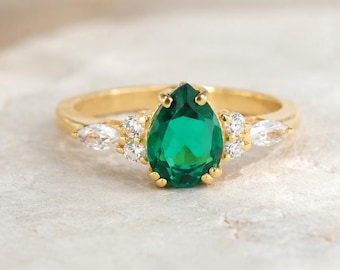 Anillo de oro con esmeralda talla pera, anillos de oro de 14k para mujer, anillo de esmeralda para mujer, anillo de oro con piedra de nacimiento de mayo, regalo de Navidad personalizado.