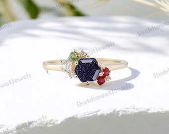 Hexagon Sandstone Wedding Ring 14K Yellow Gold Ruby Cluster Ring Antique Handmade Jewelry Green Peridot Multi Gemstone Present For Love