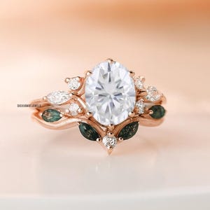 Oval Shaped Cluster Moissanite Wedding Ring Set 14K Rose Gold Ring Vintage Moissanite Engagement Ring Set Art Deco Moss Agate Bridal Set
