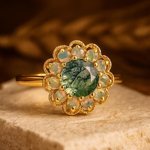 May include: A gold ring featuring a large, round, green gemstone at the center, surrounded by smaller, light-colored stones. The ring has a floral design and is set on a light-colored stone surface. The ring's band is thin and gold.