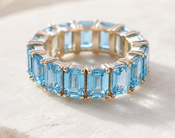 Blue Aquamarine Wedding Band Unique Gold Stacking Gemstone Jewelry Antique Full Eternity March Gemstone Band Vintage Customized Blue Sky Gem