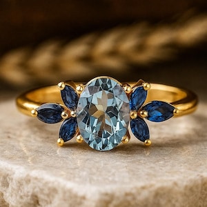 Bague de fiançailles aigue-marine et saphir, bague ovale en grappe de pierres précieuses bleues, or jaune 18 carats, pierre de naissance, mars, bague cadeau promesse d'anniversaire