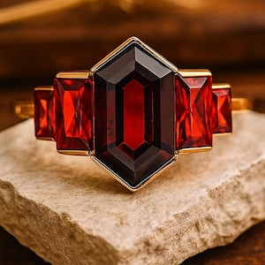 Anel de noivado longo com granada hexagonal Art Déco, corte baguete, rubi, presente de aniversário, anel de ouro rosa 18K, conjunto de aro, joia de compromisso