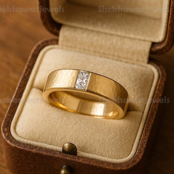 5mm Mens Moissanite Wedding Band Baguette Cut Moissanite Band Black Gold Ring Mens Smooth Not Hammered Stacking Matching Band Christmas Gift