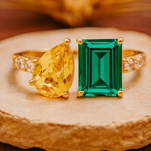 Citrine Emerald Wedding Band 14K Yellow Gold Band May Birthstone Gifts Stacking Gemstone Jewelry Personalized Custom Anniversary Present
