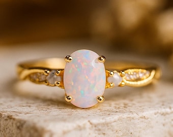 Oval Cut Fire Opal Proposal Ring Unique Freshwater Pearl Gifts October Birthstone Gifts Art Deco Jewelry Christmas Gifts Black Friday Sale