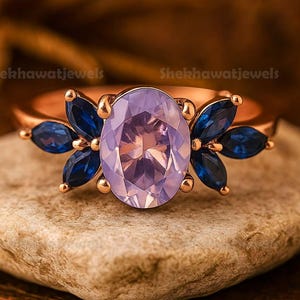 Vintage Oval Lavender Amethyst Engagement Ring Unique Cluster Promise Ring For Her Gold Art Deco Leaf Gemstone Branch Nature Inspired Ring