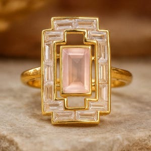 Unique Rose Quartz Wedding Ring 18K Yellow Gold Rings Women's Handmade Jewelry Pink Gemstone Gifts Personalized Custom Rings Statement Rings