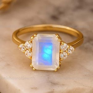 Vintage Emerald Moonstone Ring 14K Solid Gold Moonstone Gemstone Engagement Ring Unique Moissanite Promise Ring Anniversary Gift For Her