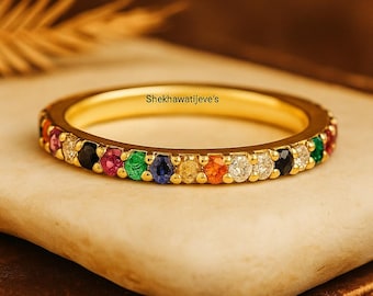 Rainbow Gemstone Eternity Band, Multi Gemstone Ring, 14k Gold Rainbow Wedding Ring, Precious Stone Ring, Personalized Custom Birthday Gifts
