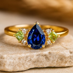 ペアカットブルーサファイア結婚指輪、14Kイエローゴールドペリドットプロミスリング9月の誕生石記念日クリスマスギフトブラックフライデーセール