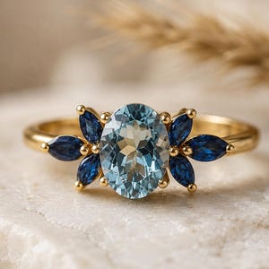 Aquamarine and Sapphire engagement ring Oval Blue Gemstone Cluster Ring 18K Yellow Gold march Birthstone Ring Anniversary Promise gift Ring