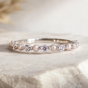 Dainty Pearl Diamond Wedding Band, 925 Sterling Silver Women Jewelry, June Birthstone Gift For Girls, Handmade Women Jewelry, Promise Band