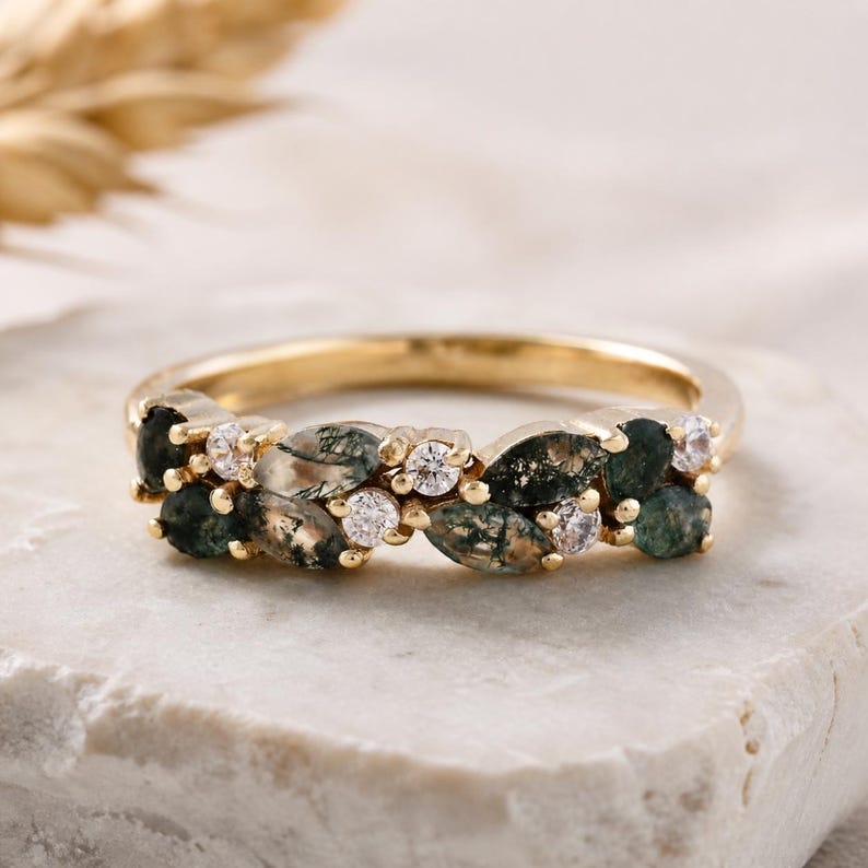 Anillo de boda de ágata musgosa con moissanita, anillo de compromiso para aniversario, anillo a juego, joyería única, anillo de media eternidad, regalo para el amor.