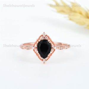 Vintage black onyx engagement ring sterling silver ring art deco curved stacking band pear shaped bridal set unique moissanite wedding Gifts
