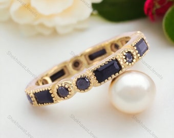 Baguette Black Onyx Full Eternity Band, 18K Solid Gold Wedding Band, Unique Art Deco Jewelry Stackable Bridal Band Anniversary Gift For Wife