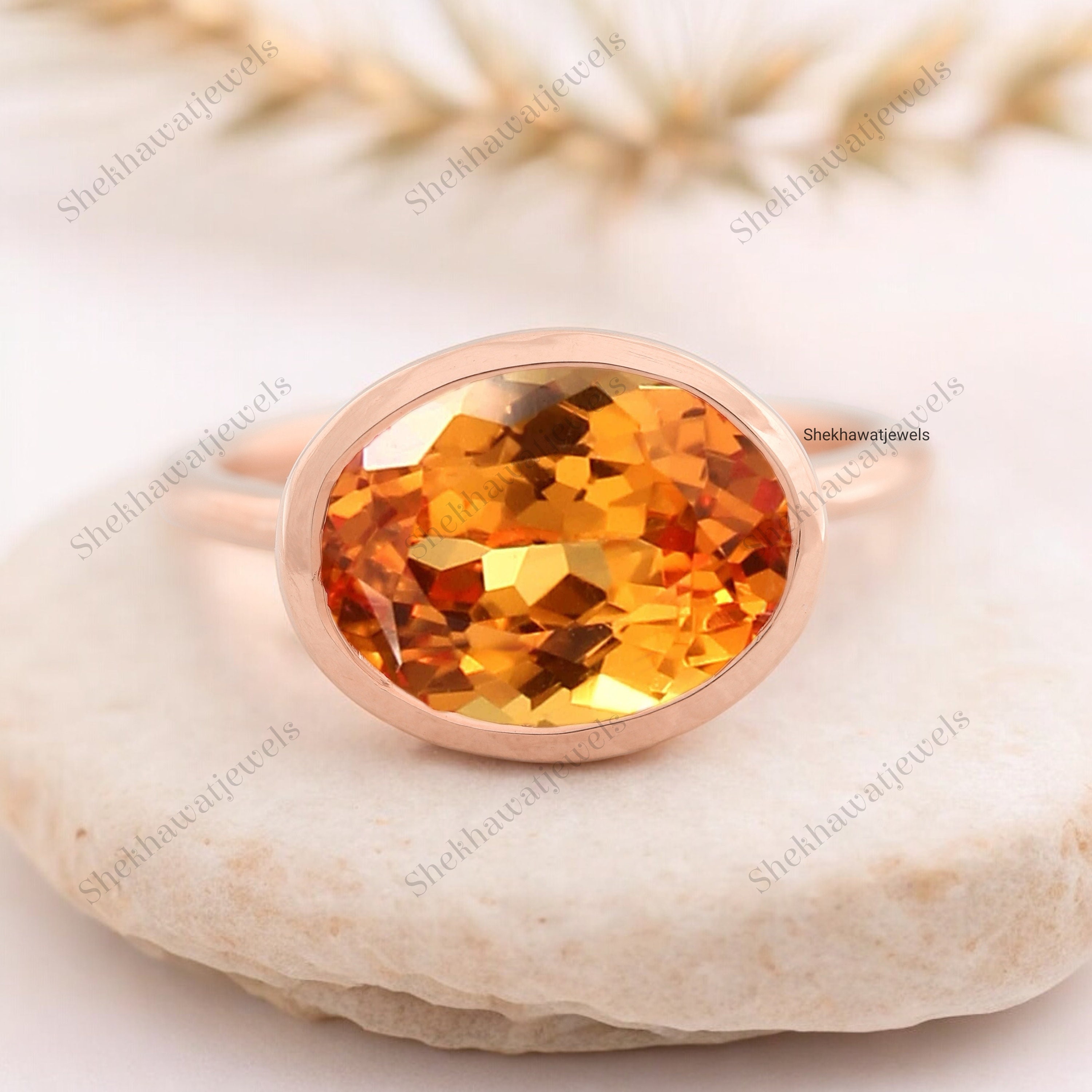 Large Orange Citrine Bridal Ring 18K Solid Gold Bezel Se Ring November ...