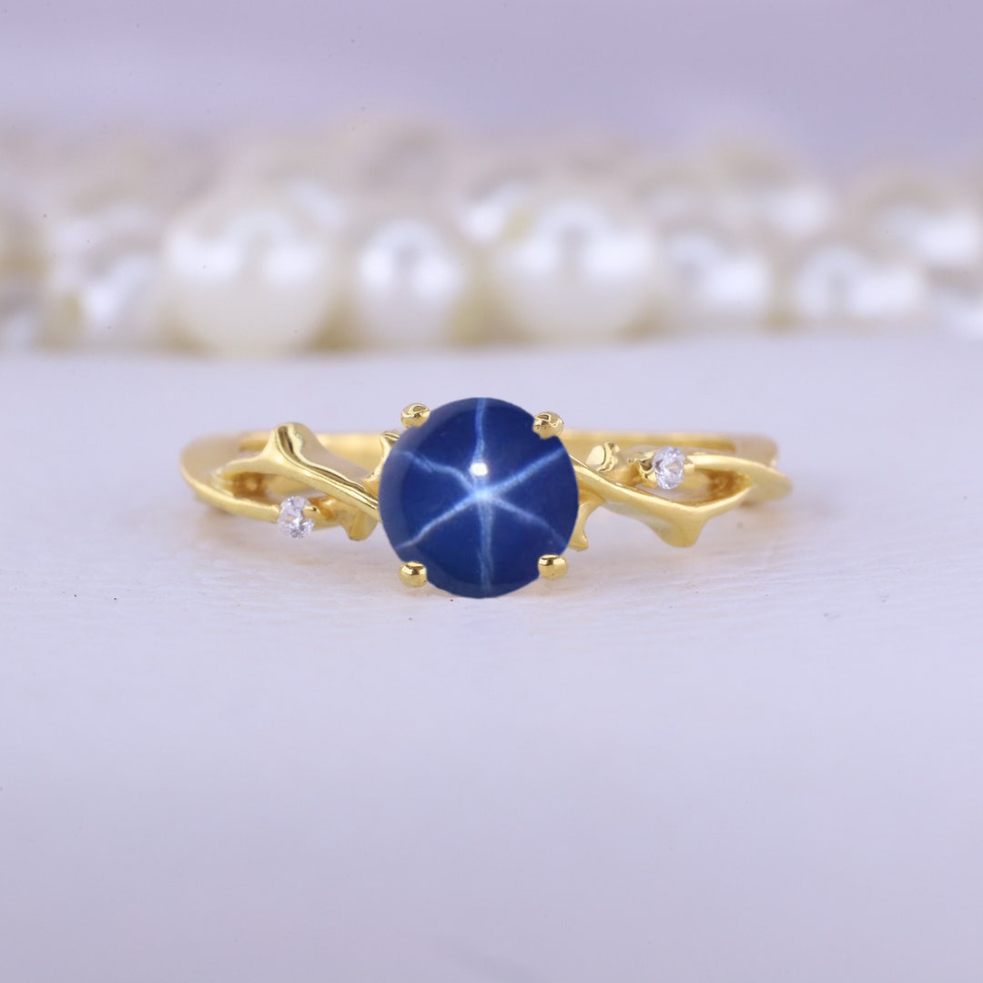 Star Promise Rings Vintage Blue Star Sapphire Promise Ring 18K Yellow Gold Rings 6 Rays ...