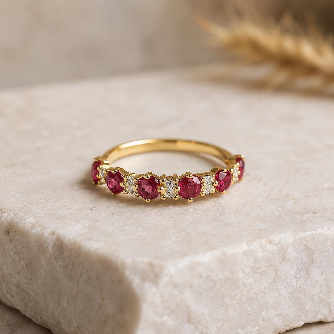 Ruby Wedding Band, 14K Solid Gold Ruby Engagement Ring, Half Eternity ...
