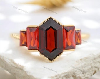 Art Deco Long Hexagon Garnet Ring Baguette Cut Ruby Engagement Ring Anniversary Birthday Gift 18K Rose Gold Ring Bezel Set Promise Jewelry